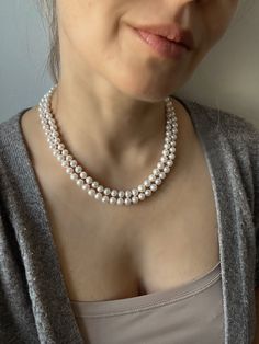 This elegant classic pearl necklace is composed of two strands of finest non-nucleated freshwater pearls. Timeless piece that you would want to keep for a lifetime.  MATERIAL Freshwater pearls, gold vermeil SPECIFICATIONS Length 45 cm (17.7 inches). Pearls are 6-7 mm. Quality of pearls - AAA Handmade in Spain Necklace comes in a gift box Worldwide shipment with registered, trackable post Care for gold vermeil jewelry: avoid contact with humidity, swimming pool water and chemicals. Clean with sof Double Strand Pearl Necklace, Pearl Necklace Bridal, Classic Pearl Necklace, Classy Necklace, Swimming Pool Water, Gold Vermeil Jewelry, Necklace Bridal, Necklace Wedding, Necklace Pearl