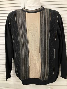 "Pronto Uomo abstract black beige long sleeve crewneck sweater Fine acrylic cotton mod boho unique strip diamond pattern Date night sweater Large-see below. I am so impressed with this fabric-I was certain it was a fine pima cotton and was stunned it is 60% acrylic and 40% cotton. Mod abstract vertical stripe and diamond pattern front, solid black back. This is a gender neutral sweater which is quite long so would look great with tights to your fav dress pants. It  is really a stunning barely if Retro Crew Neck Sweater For Layering, Black Argyle Pattern Crew Neck Sweater, Black Argyle Crew Neck Sweater, Neutral Sweater, Beige Long Sleeve, Neutral Sweaters, Beige Sweater, Crewneck Sweater, Back To Black