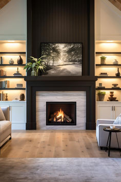 40+ Inspiring Shiplap Fireplace Ideas for Your Home Renovation Fireplace Design With Vaulted Ceiling, Family Room Fireplace Built Ins, Wood Design Fireplace Wall, Shiplap Fireplace Makeover, Black And White Oak Living Room, Coastal Modern Fireplace Ideas, Flat Front Fireplace Ideas, Flush Gas Fireplace Wall Ideas, Modern Electric Fireplace Wall Ideas