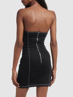 Back zip closure. Lace-up front panel. Logo detail. Model is wearing a size38 Lace Up Back Dress, Strapless Denim Dress, Denim Short Dresses, Boat Neck Dress, Denim Mini Dress, Strapless Mini Dress, Ruched Dress, Corset Dress, Black Stretch