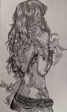 a drawing of a woman with long hair and tattoos on her chest, looking down at the