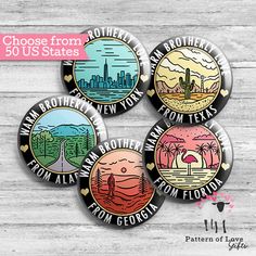 four badges with the words, choose from 50 us states and palm trees on them