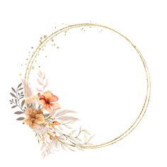 a gold circle frame with flowers and leaves on the edges, painted in watercolor