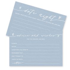 two blue wedding advice cards with white writing on the front and back of each card