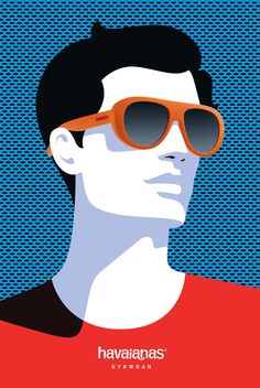 a man with sunglasses on his face in front of a blue and red background that says havanas