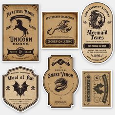 six different labels for various types of items