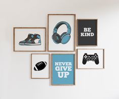 Revamp your teen boy's room with our stylish set of six digital download prints, carefully curated in cool blue, grey, and black hues. This dynamic collection features gaming controllers, headphones, trainers, and an inspirational quote, offering the perfect blend of aesthetics for the modern teen's space. This set includes one A3 print, four A4 prints, and one 7x5 print for a versatile and trendsetting room transformation. What's Included: 1 A3 (11.7 x 16.5 inches) digital download print. 4 A4 Teen Boy Bedroom Wall Art, Teen Boy Room Artwork, Teen Boys Bedroom Artwork, Teen Boy Wall Art, Teenage Boys Room, Teenager Bedroom Boy Artwork, Big Boy Room Decor, Teen Boy Room Decor, Boys Desk