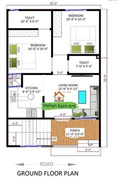 the ground plan for a small house with two floors and an attached kitchen area, which is