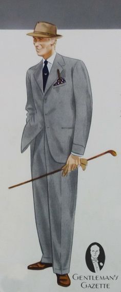 Grey flannel single breasted suit with turnback cuffs, striped winchester shirt, dark tie with center motif, Tyrolean hat, brown suede shoes & navy polka dot pocket square Classic Style Fashion, Vintage Editorials, Grey Suits, Suede Shoes Men, 1930 Fashion, Stylish Mens Suits, Mens Fashion Illustration