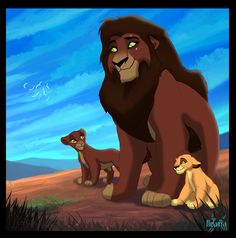 the lion king and his cubs are standing in front of a blue sky with clouds