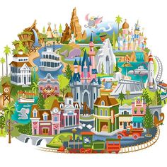 a colorful illustration of a city with lots of buildings