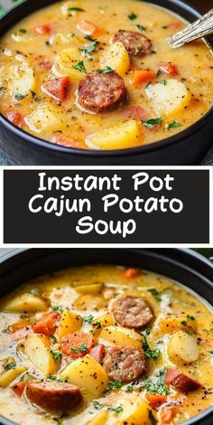 instant pot cajun potato soup in two black bowls