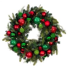 a christmas wreath with red and green ornaments hanging from it's center, on a white background