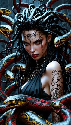 a woman with black hair and tattoos holding a snake in her hands, surrounded by snakes