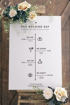 a wedding program with flowers and greenery on the wooden table, next to it is a sign that says our wedding day