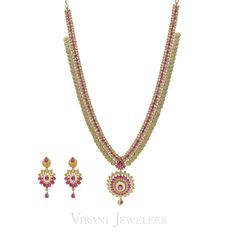 Pink Ruby Vintage Drop Necklace and Earrings Set in 22K Yellow Gold W/ Coin Accents for women. Beautiful modern necklace and earring set embedded with pink ruby stones and Cubic Zirconia in 22K yellow gold. Necklace length is adjustable. Earrings have post with screw backs. Gold weight is 101.6 grams. Emerald Haram, 22k Gold Necklace, Ruby Set, Modern Necklace, Pink Ruby, Luxe Jewelry, Gold Bead Necklace, Ruby Necklace, Necklace And Earrings Set