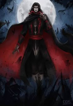 a man dressed as dracula standing in front of a full moon with his hands on his hips