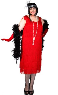 Plus Size Long Deluxe Roaring Red Women's Flapper Dress Costume - Front View Great Gatsby Dress Up, Gatsby Dress Up, Gatsby Outfits, Plus Size Flapper Costume, Red Flapper Dress, Plus Size Flapper Dress, 1920s Fancy Dress, 1920s Flapper Costume