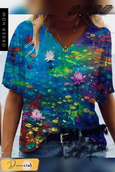 Oil Painting Print Short Sleeve V-neck T-shirt Multicolor V-neck Shirt For Summer, Green V-neck T-shirt With Graphic Print, Green Printed V-neck Top, Multicolor V-neck Summer Shirt, Multicolor Graphic Print V-neck T-shirt, Multicolor V-neck Graphic Print T-shirt, Multicolor V-neck T-shirt With Graphic Print, Casual V-neck T-shirt For Summer, Summer V-neck Shirt With Graphic Print