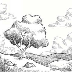 a black and white drawing of a tree on a hill with clouds in the background