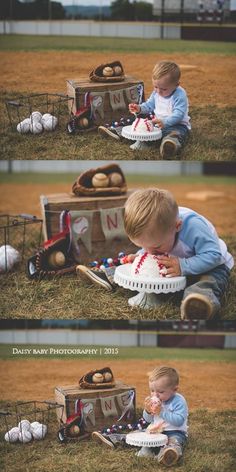 a little boy sitting in the grass with his baseball cake