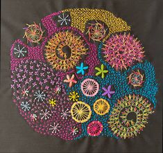 an embroidered design on a black cloth with colorful flowers and leaves in the center,