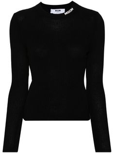 black ribbed knit crew neck with intarsia-knit logo long sleeves straight hem Knit Logo, Black Knit Sweater, Yoko London, City Dress, Summer Beach Wear, Black Rib, Sweater Black, Black Knit, Knitwear Women