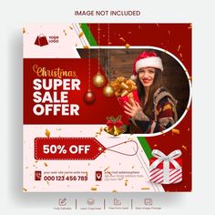 a christmas sale flyer with a woman holding a present