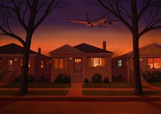 an airplane is flying over a house at night