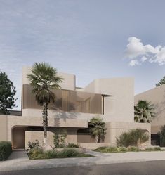 an artist's rendering of a house with palm trees