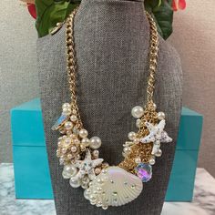 This Is A Beautiful, Fun Novelty Necklace. Seashells, Starfish, Coral, Faux Pearls, And A Turtle! Retail $165 Elegant White Shell Necklace For Summer, Elegant White Shell For Vacation, Elegant Beach Season Jewelry, White Pearl Shell Necklace For Vacation, Elegant Shell Necklace For Vacation, Elegant White Necklaces For Vacation, Elegant White Necklace For Vacation, Elegant Beaded Shell Necklace For Vacation, White Pearl Chain Jewelry For Vacation