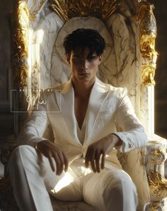 a man sitting on top of a white chair in front of a gold and marble wall