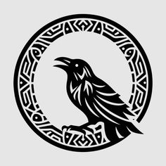 a black crow sitting on top of a circle with celtic writing in it's center