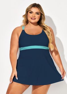 Plus Size Blue Colorblock Crossback Swimdress Blue Mini Dress For Poolside, Blue Sleeveless Swim Dress For Swimming, Sleeveless Blue Swim Dress For Swimming, Blue Sleeveless Swim Dress, Blue Racerback Swimwear For Vacation, Blue Summer Dresses With Splicing Details, Blue Summer Dress With Splicing Details, Blue Color Block Summer Dress, Lined Blue Swim Dress For Swimming