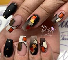 Gel Fall Nails 2023, Fall Patch Nails, Fall Patchwork Nails, Nail Ideas For November, Scarecrow Acrylic Nails, Plant Nail Designs, Scarecrow Nails Designs, Scarecrow Nails, Harvest Nails