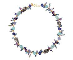 This cool toned, playful and brilliantly composed one-of-a-kind necklace is a testament to the endless creativity of Mallary Marks. A multitude of colors, shapes and textures combining a variety of semi-precious gems create an eye-catching and statement-making necklace. Tanzanite, black pearl, tourmaline, quartz, blue chalcedony, turquoise, opal, aquamarine, black spinel and amethyst come together along the 22K yellow gold links. total length : 16 1/2" : 22K yellow goldgray-purple sapphire : 4.3 Luxury Multicolor Briolette Necklaces, Luxury Multicolor Briolette Necklace, Luxury Multicolor Multi-stone Necklaces, Luxury Multicolor Necklaces With Gemstone Accents, Luxury Multicolor Single Strand Necklaces, Luxury Multicolor Gemstone Necklaces, Luxury Multicolor Necklace With Gemstone Accents, Luxury Multicolor Single Strand Necklace, Multicolor Multi-stone Fusion Necklaces