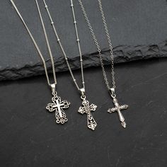 Matching Cross Necklaces, Victorian Cross Necklace, Silver Cross Necklaces, Catholic Cross Necklace, Ornate Cross, Silver Cross Necklace, Pretty Jewelry Necklaces, Sterling Silver Cross Necklace, Layered Necklaces Silver