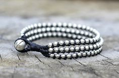 Trile Black Tone Silver Stud Bracelet Men Anklet, Silver Bells, Macrame Bracelet, Silver Anklets, Unisex Bracelets, Triple Black, Macrame Bracelets, Bracelet Silver, Bead Weaving