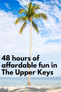 a palm tree on the beach with text overlay that reads 48 hours of affordable fun in the upper keys