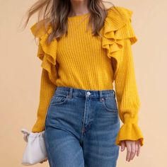 Rachel Parcell Ruffle Shoulder Sweater Yellow Style # Ra456210mi Color: Yellow Treasure Size: Small Details/Features: - Crewneck - Ruffle Detail At Shoulders - Ruffled Sleeve Hem - Pullover - Long Sleeve Materials & Care: - 51% Acrylic, 43% Polyester, 6% Spandex - Hand Wash Cold New With Tags Bundle And Save! Scallop Sweater, Rachel Parcell, Red Knit Sweater, Pointelle Sweater, Oversized Sweater Cardigan, Bell Sleeve Sweater, Yellow Sweater, Ribbed Knit Sweater, Yellow Fashion