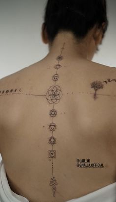 the back of a woman's neck with tattoos on her upper and lower back