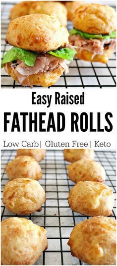 easy raised fathead rolls on a cooling rack with text overlay that reads easy raised fathead rolls low carb gluten free keto