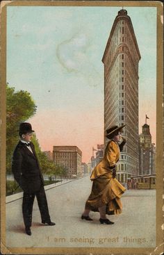 an old postcard shows two people standing in front of a tall building with the words i am seeing great things on it