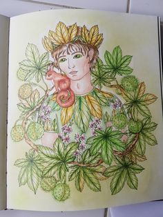 a drawing of a woman surrounded by leaves and flowers