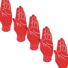 five red gloves are lined up in a row, with one hand on the other side