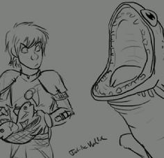 a drawing of a boy holding a baby in front of an alligator's mouth