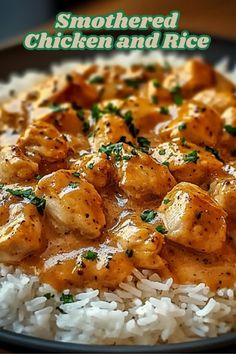 chicken and rice on a plate with the words smothered chicken and rice