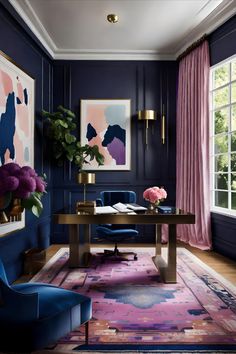 a room with blue walls, purple curtains and a pink rug on the floor in front of a desk