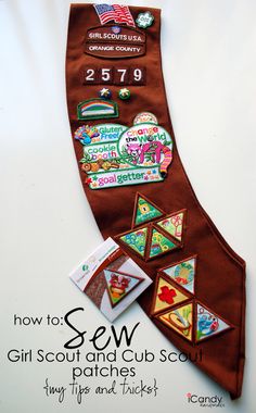 an advertisement for sew girl scout and cub scout patches on the back of a bag