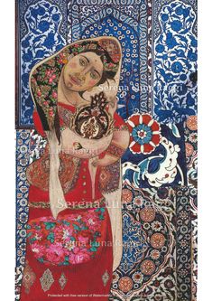 Limited edition art print by Serena Luna Raggi. With artist's signature. Persian miniature icon art. Excellent quality paper. A3 size: 29,7 cm x 42 cm (inches 11.6 x 16.5). My artistic production is a search of beauty. The eternal universal feminine image is the tale of the human being's history, of its necessary and inevitable relationship with aspects of the sacred and the symbols it is regulated by.  Pomegranates have diverse cultural-religious significance, as a symbol of life and fertility owing to their many seeds but also as a symbol of power. Pomegranates already symbolised fertility, beauty and eternal life, in Greek and Persian mythology.  My original paintings are made with egg paint on cherry wood tables OR mixed media on paper. These are the reproductions of my paintings, on e Pomegranate Illustration, Art Pomegranate, Pomegranate Art, Persian Miniature, Mother Art, Persian Art, Power Symbol, Life Symbol, Turkish Art